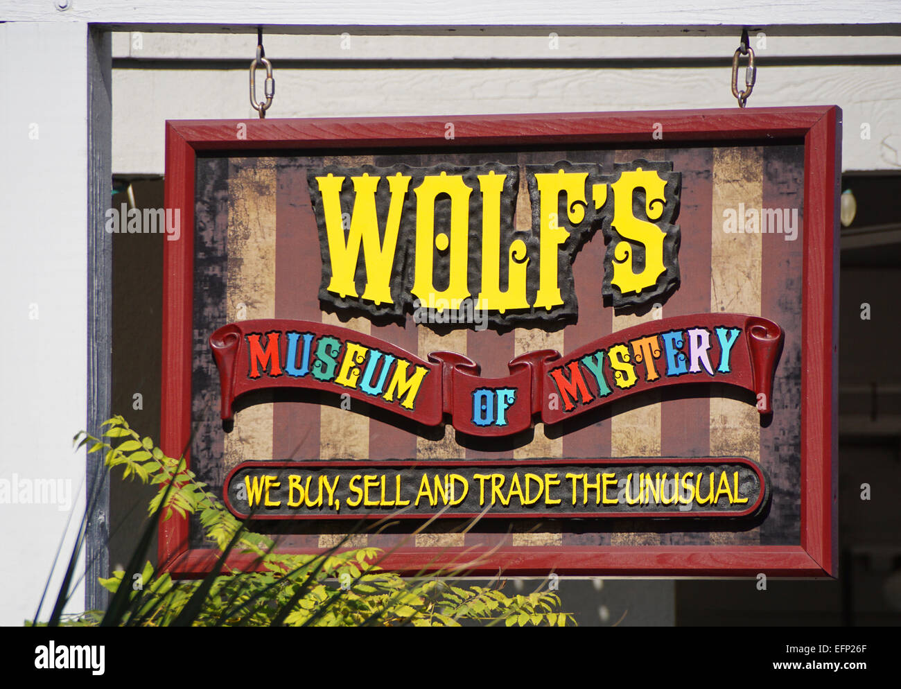 Signe pour Wolf's Museum de Mystère dans la vieille ville de Saint Augustine, Floride Banque D'Images