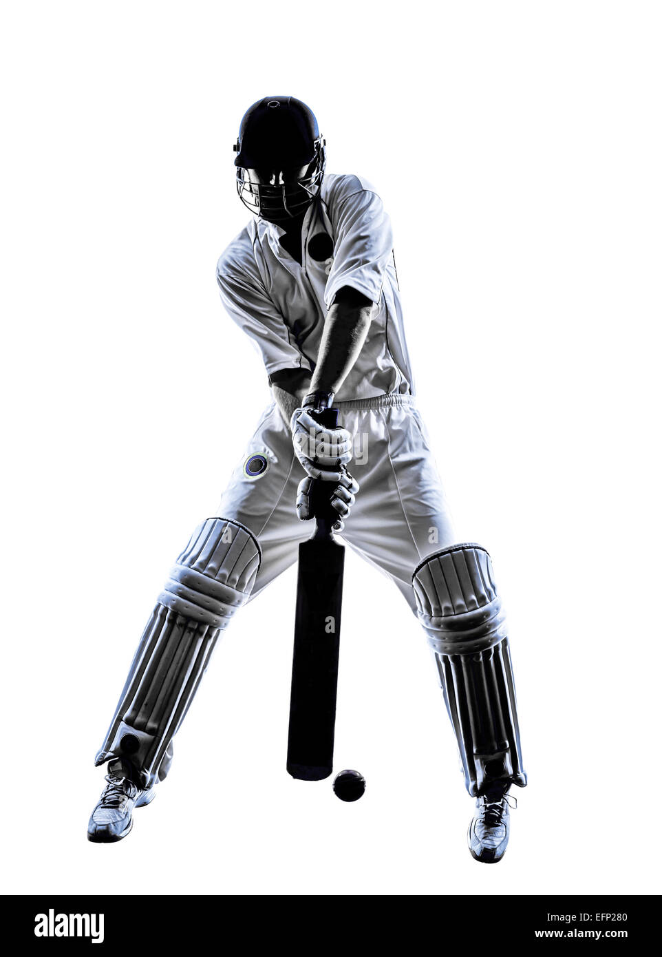 Joueur de cricket en silhouette batteur ombre sur fond blanc Banque D'Images