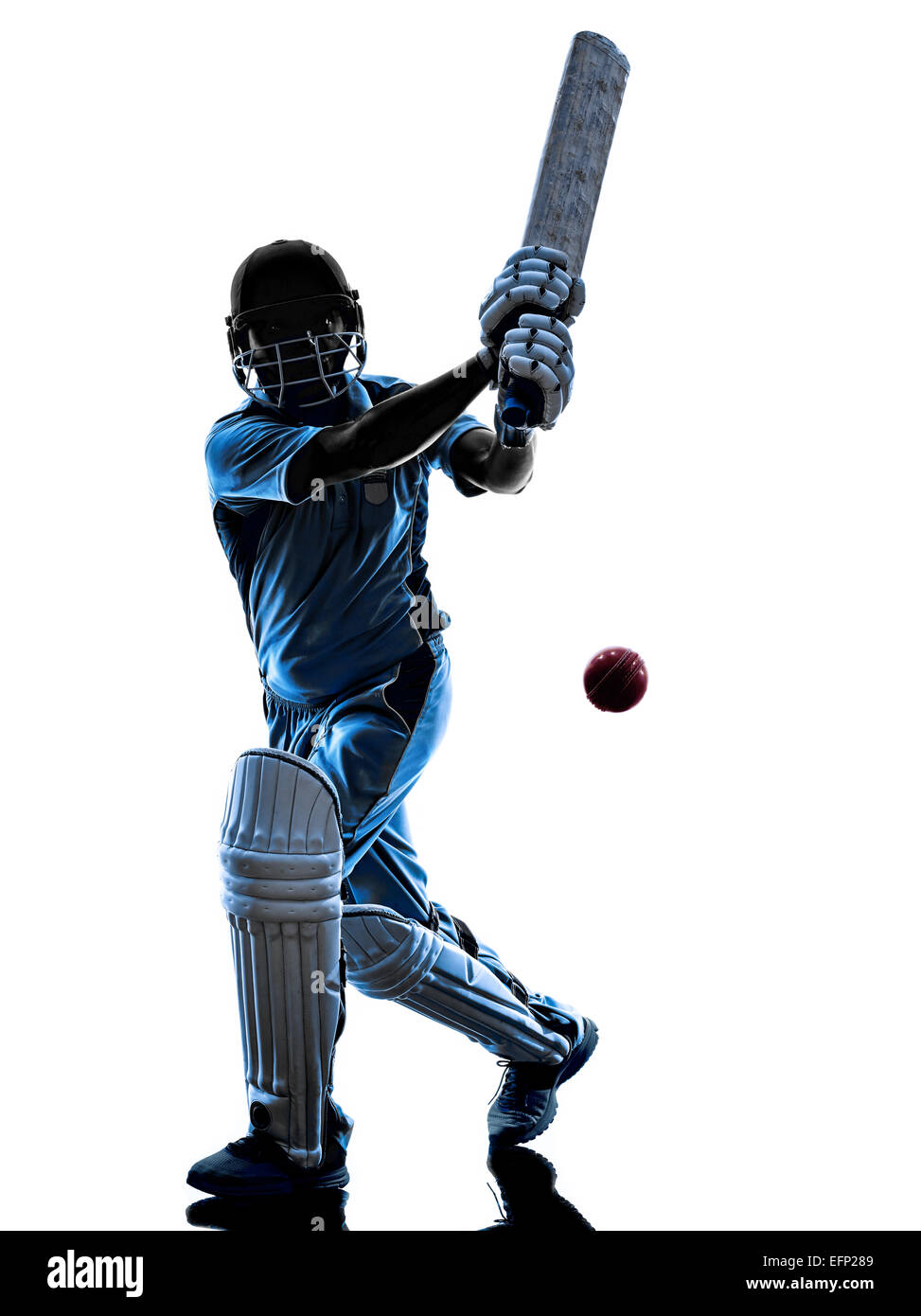 Joueur de cricket en silhouette batteur ombre sur fond blanc Banque D'Images