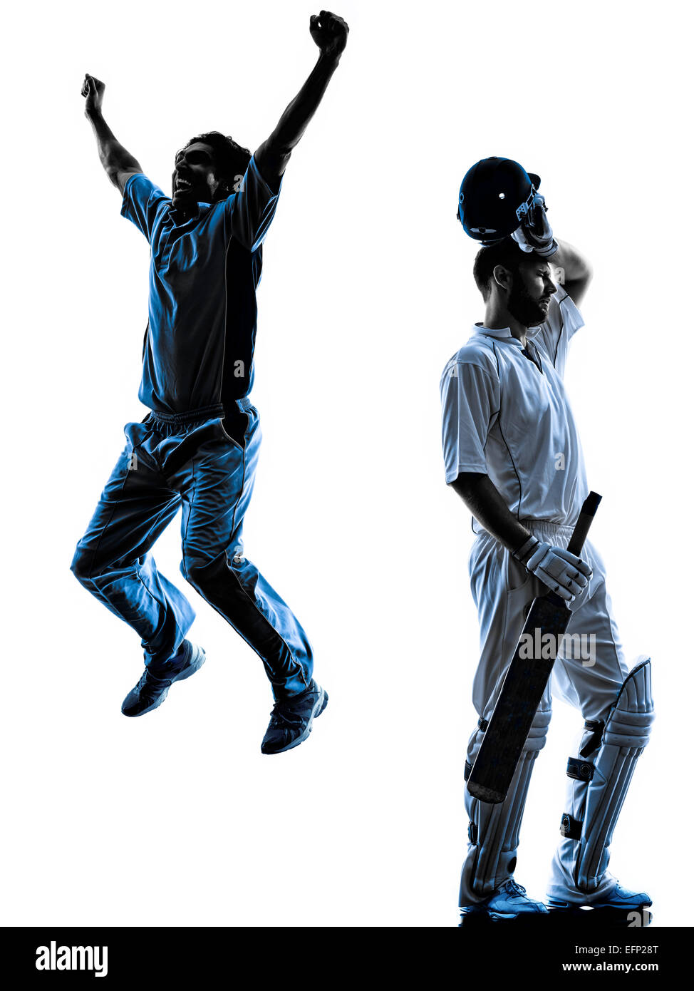 Joueur de cricket en silhouette ombre sur fond blanc Banque D'Images