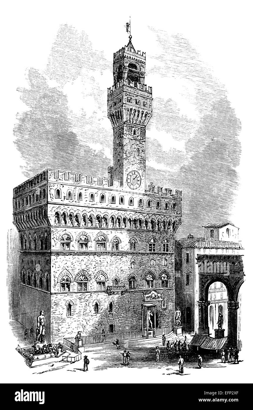 Gravure du xixe siècle du Palazzo Vecchio, Florence, Italie Banque D'Images