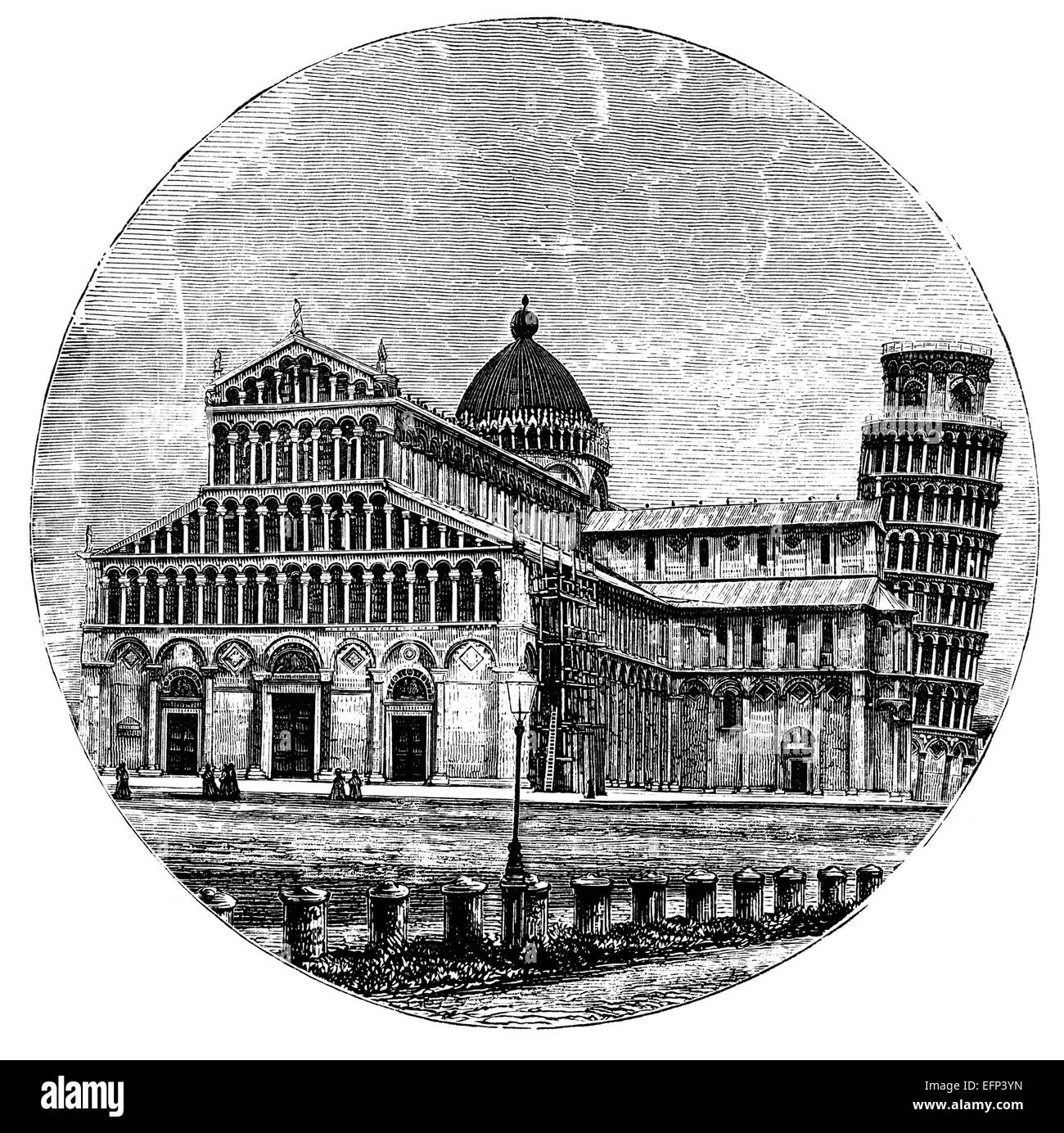 19ème siècle gravure de la tour de Pise et la cathédrale, Italie Banque D'Images