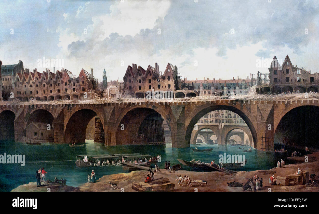La démolition de maisons sur le pont Notre-Dame-de Paris par Hubert Robert 1733 - 1808 France Banque D'Images