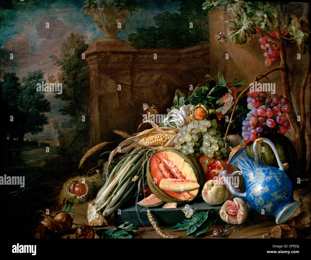 Nature morte avec fruits et légumes avant d'une balustrade Jardin 1658 Jan Davidsz. De Heem 1606 - 1684 Pays-Bas Néerlandais Banque D'Images