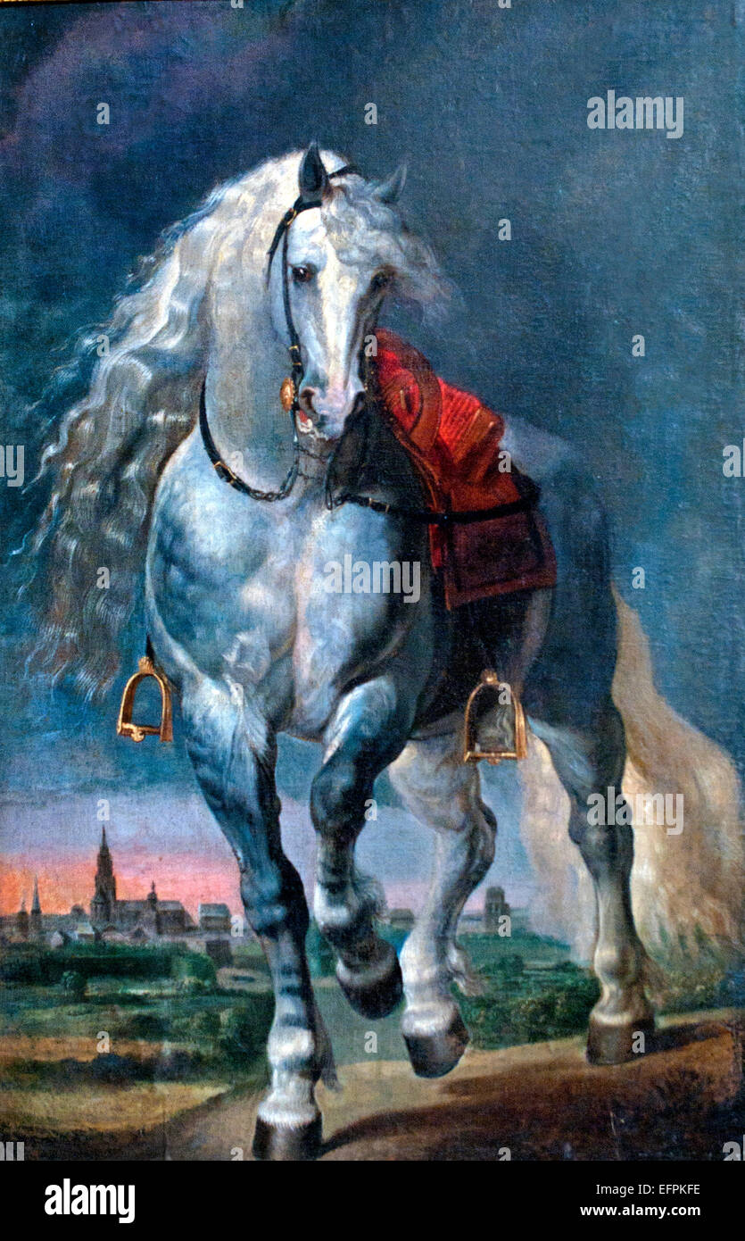 Au trot sur un cheval blanc à l'extérieur de la ville de plaine 1617 disciple de Maître flamand Peter Paul Rubens et Anthony Van Dyck Belgique Belge Banque D'Images
