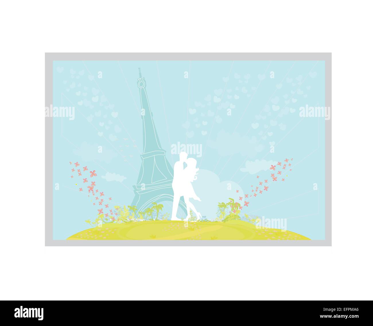 Silhouette couple romantique baiser à Paris près de la Tour Eiffel. Illustration de Vecteur