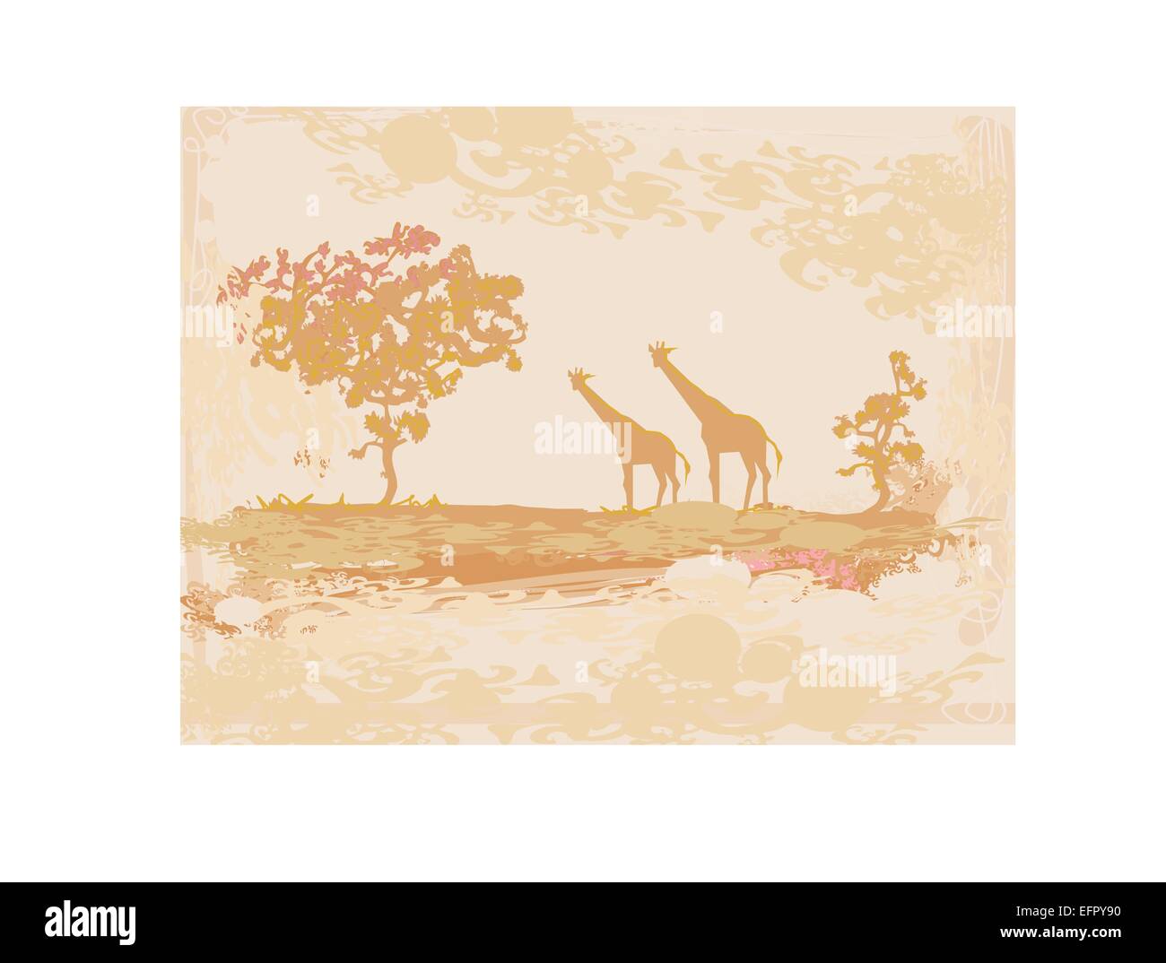 Grunge background avec girafe silhouette sur la faune et la flore africaine Illustration de Vecteur