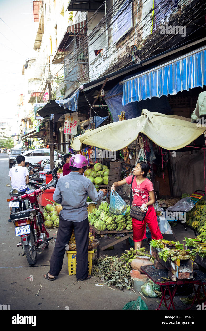 Blocage de bananes, Phnom Penh, Cambodge. Banque D'Images