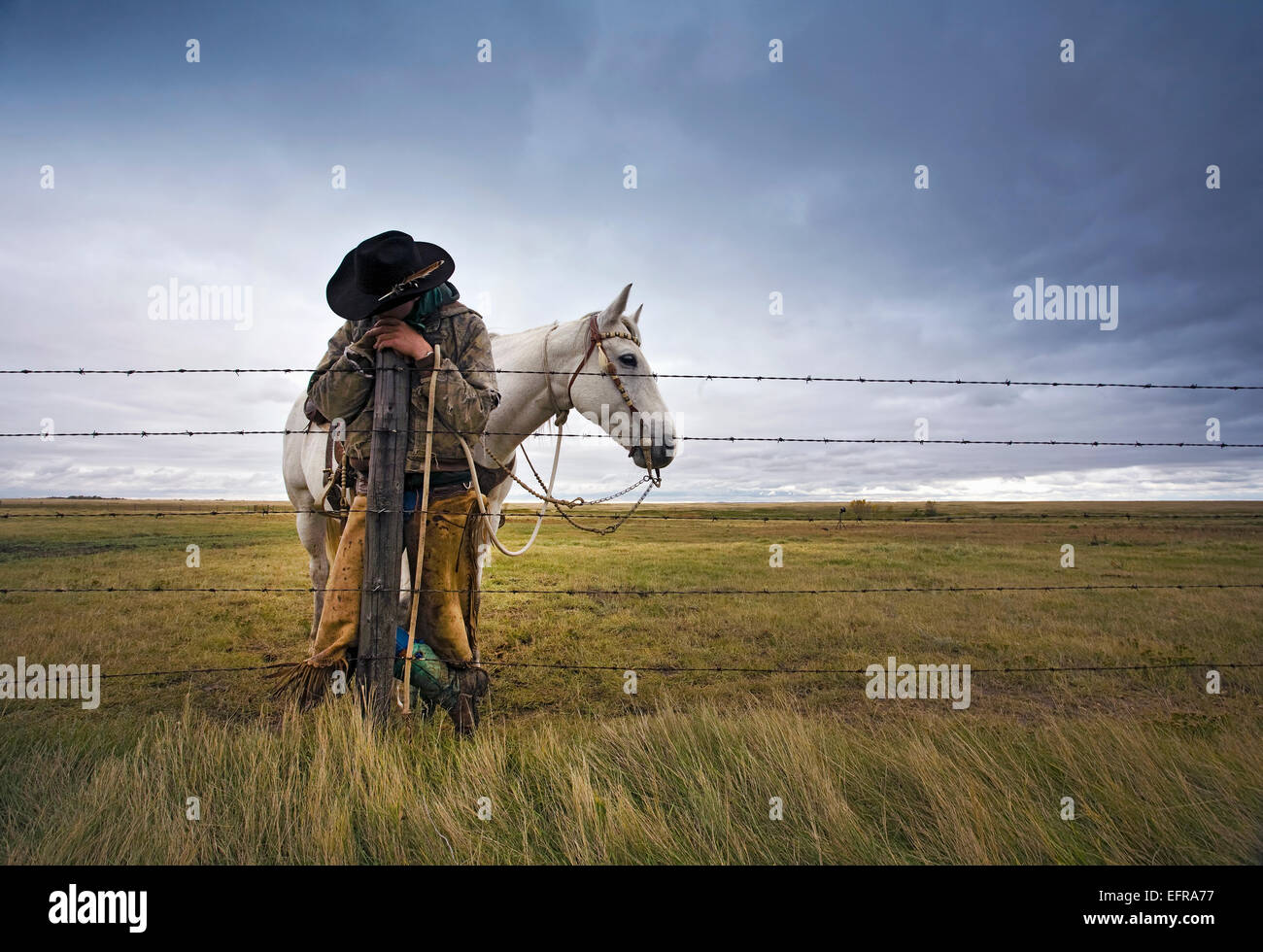 Un cowboy debout appuyée sur un poteau de clôture sur la plage. Un cheval gris derrière lui. Banque D'Images