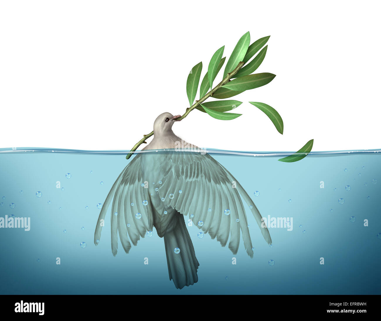 Crise diplomatique concept comme une colombe de la paix se noyer dans l'eau qui tente de s'accrocher à une branche d'olivier comme un symbole de l'urgence n'a pas de diplomatie pour négocier la fin de la guerre. Banque D'Images