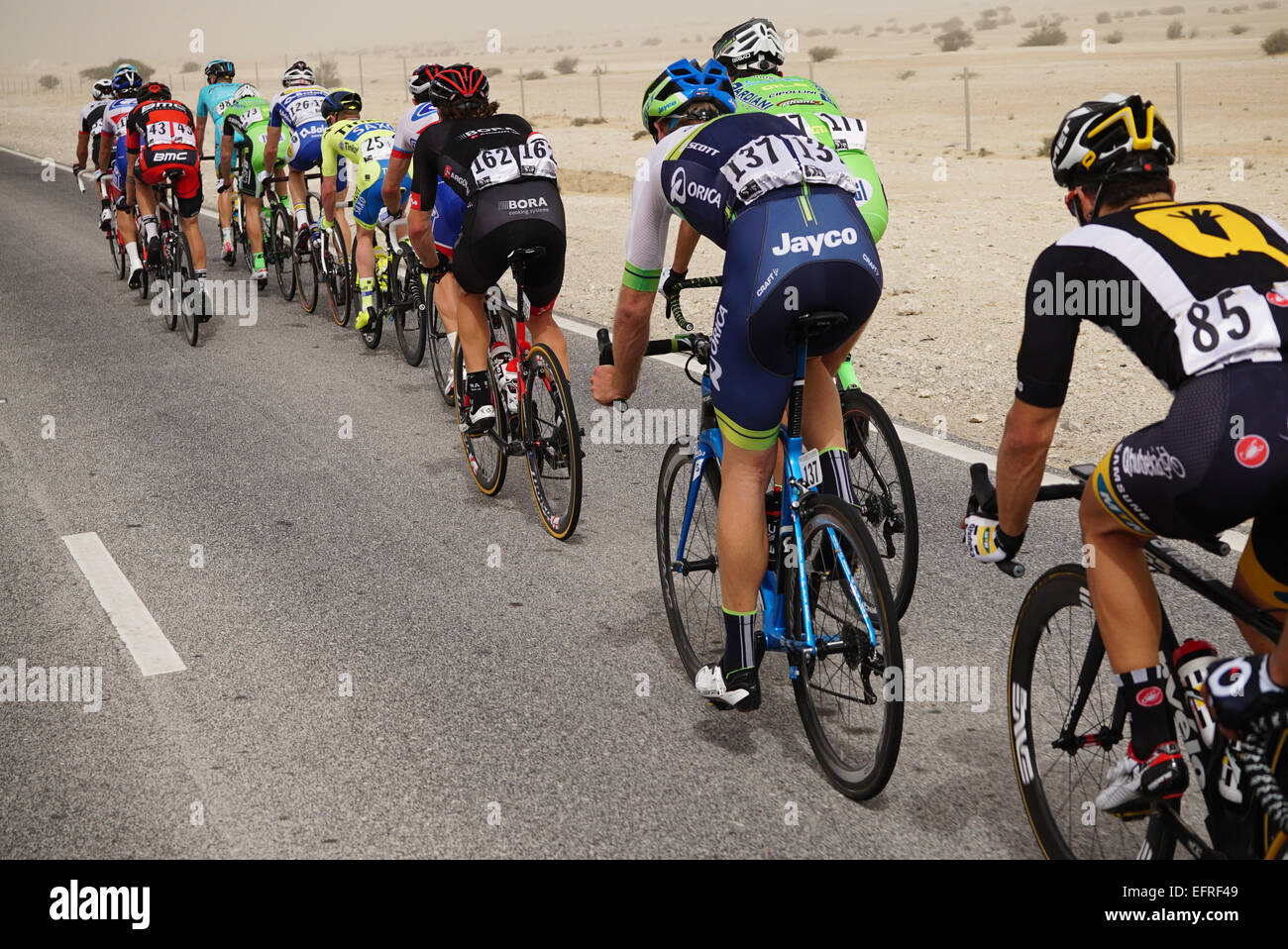 Le Qatar. 09Th Feb 2015. Alexander Kristoff (Katusha) gagne la 2e étape du Tour du Qatar et s'est installé dans l'ensemble de l'aboutir en fin d'une journée de course qui a vu le peloton brisées par le vent latéral sur la longue route à Al Khor Corniche. Le Tour du Qatar est un coureur cycliste par étapes disputée au Qatar. Depuis sa fondation en 2002, la tour a été une partie de l'UCI Asia Tour. Credit : Ionel Sorin Furcoi/Alamy Live News Banque D'Images