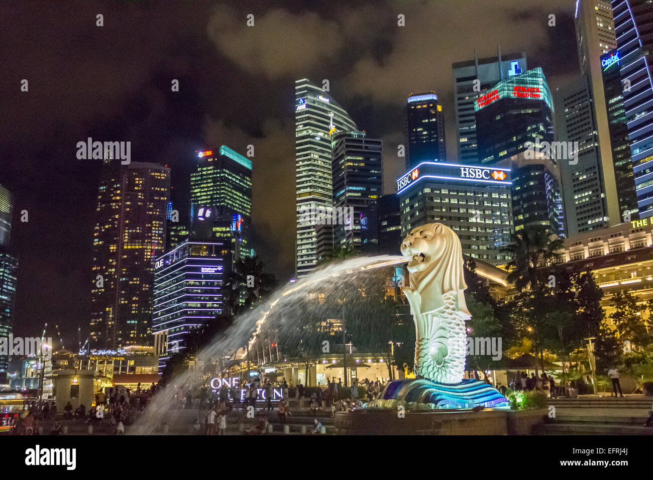 Nuit du Merlion et immeubles de grande hauteur, Singapour Banque D'Images