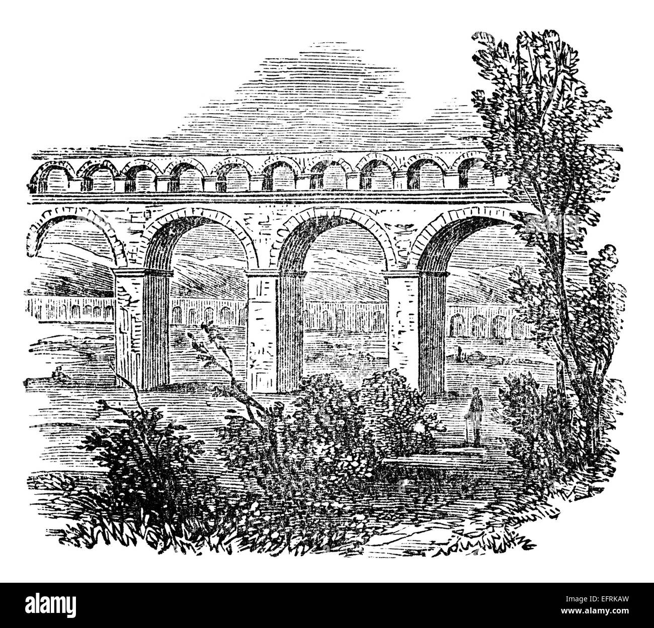 La gravure de l'époque victorienne d'un ancien aqueduc romain. Image restaurée numériquement à partir d'un milieu du xixe siècle l'encyclopédie. Banque D'Images