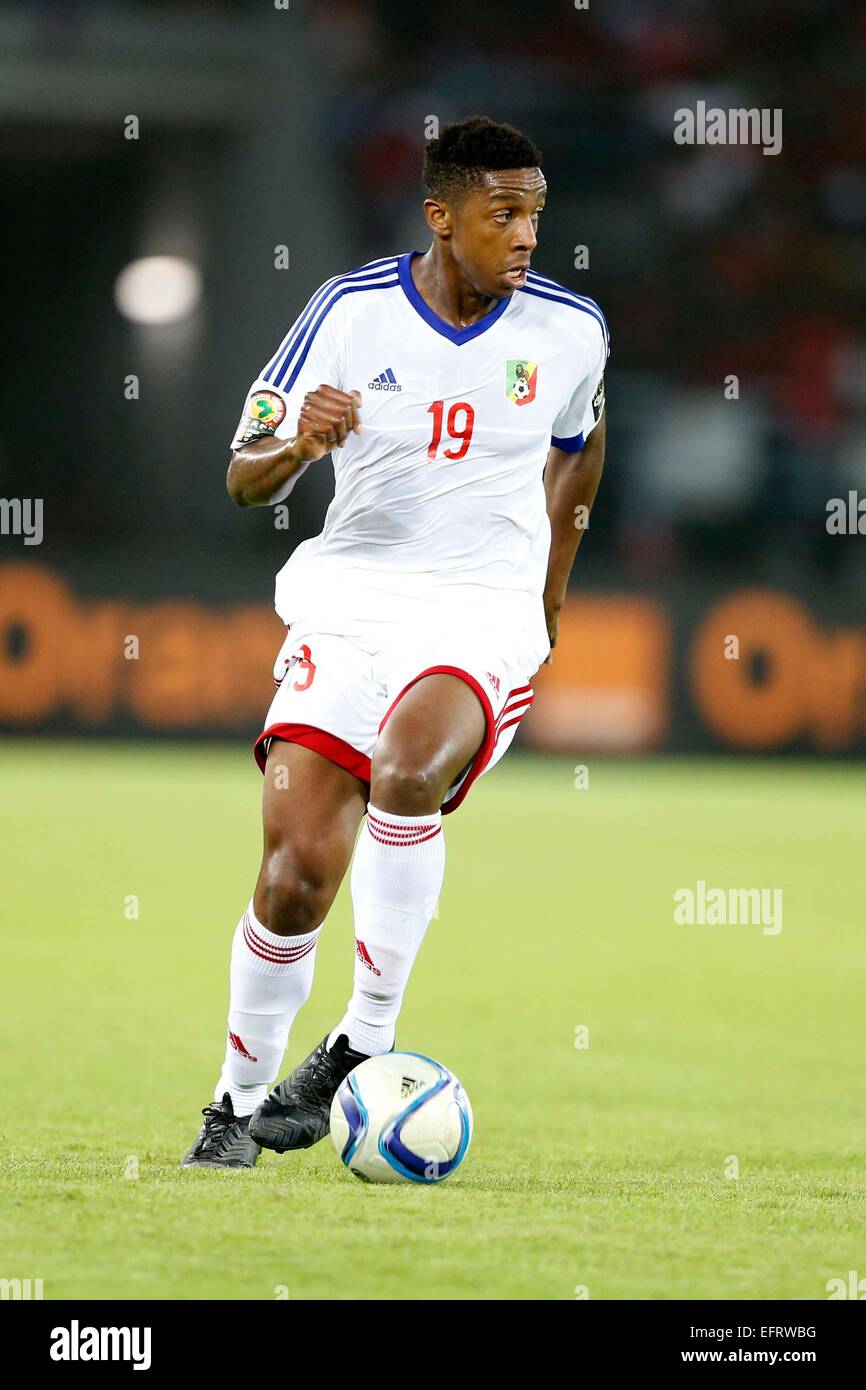 Dominique Malonga Sossorobia du Congo Brazzaville d'accusation contre la Guinée équatoriale pendant leur match contre AFCON Congo à l'Estadio de Bata, le 17 janvier 2014.Ils ont appelé l'1-1.Photo/Mohammed Amin/www.pic-center.com (Guinée équatoriale) Banque D'Images