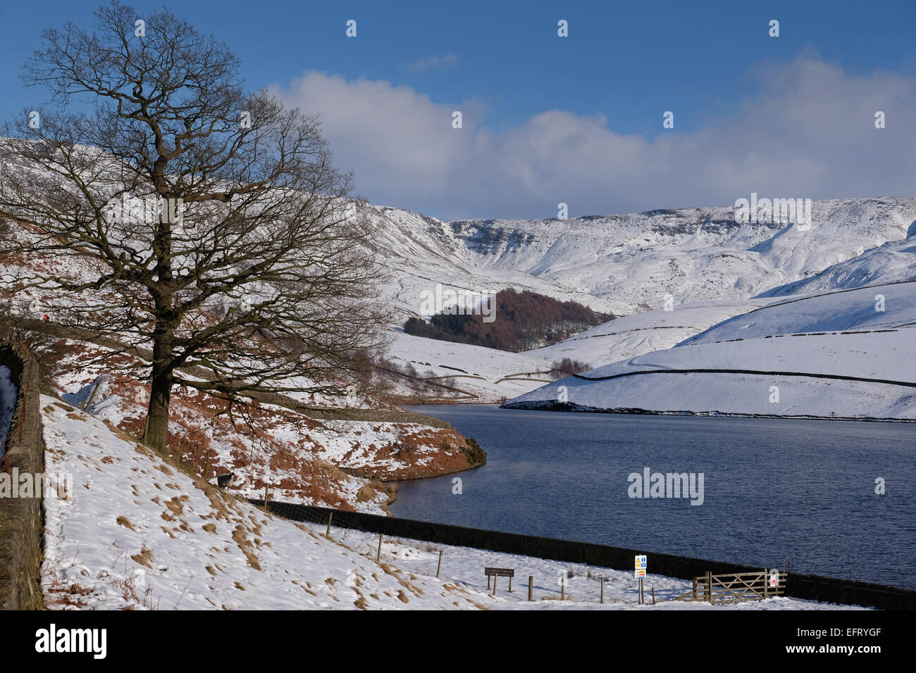 Réservoir de Kinder en hiver avec le versant occidental de Kinder Scout au-delà. Kinder chute est dans la zone au-dessus du bois. Banque D'Images