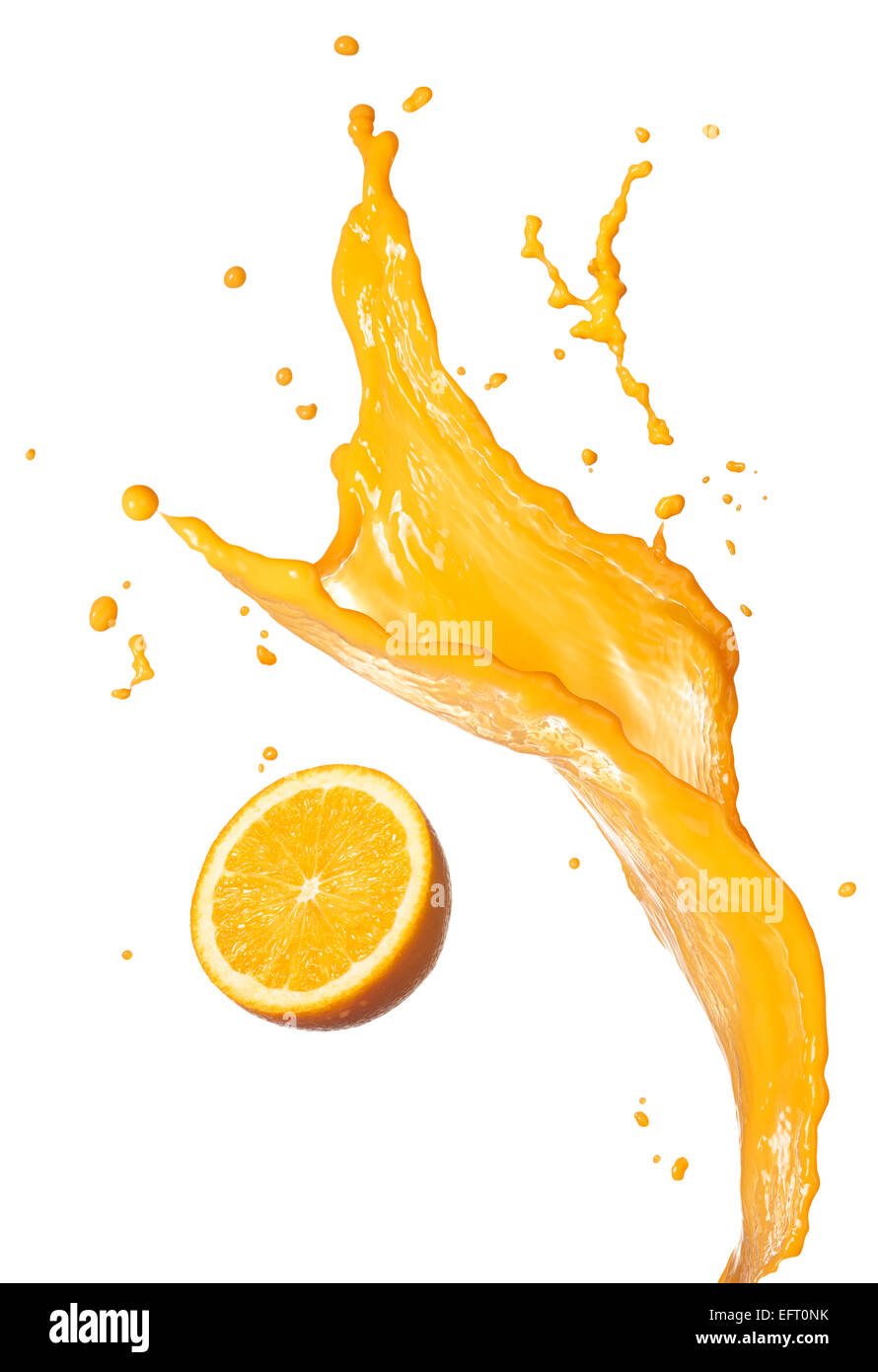 Éclaboussures de jus d'orange avec son fruit isolated on white Banque D'Images Éclaboussures de jus d'orange avec son fruit isolated on white Banque D'Images
