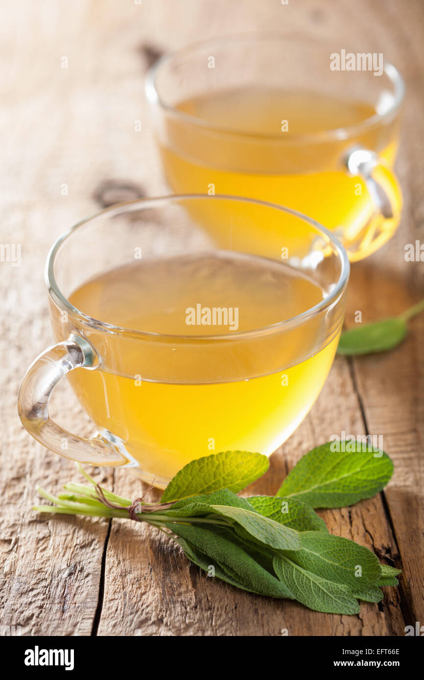 Sage de fines herbes avec du thé vert feuille dans verre tasses Banque D'Images