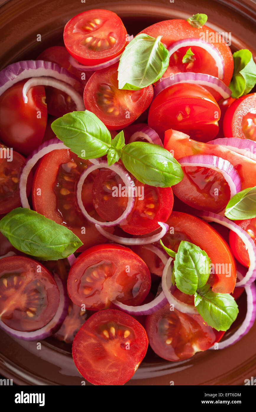 Salade de tomates en bonne santé avec le basilic oignon huile d'olive et vinaigre balsamique Banque D'Images