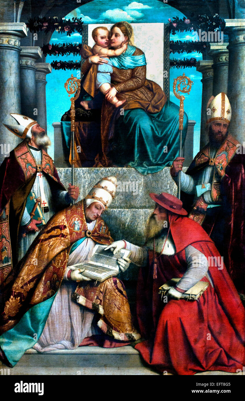 La Vierge et l'enfant ont intronisé avec quatre pères de l'Eglise Latine 1540 Alessandro Bonvicino ( 1498 - 1554), plus communément connu sous le nom de il Moretto da Brescia Italie Italien Banque D'Images