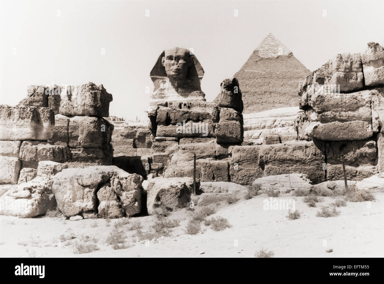 Le grand Sphinx de Gizeh et la grande pyramide de Gizeh, aka pyramide de Chéops ou la pyramide de Kheops, en Egypte. Banque D'Images