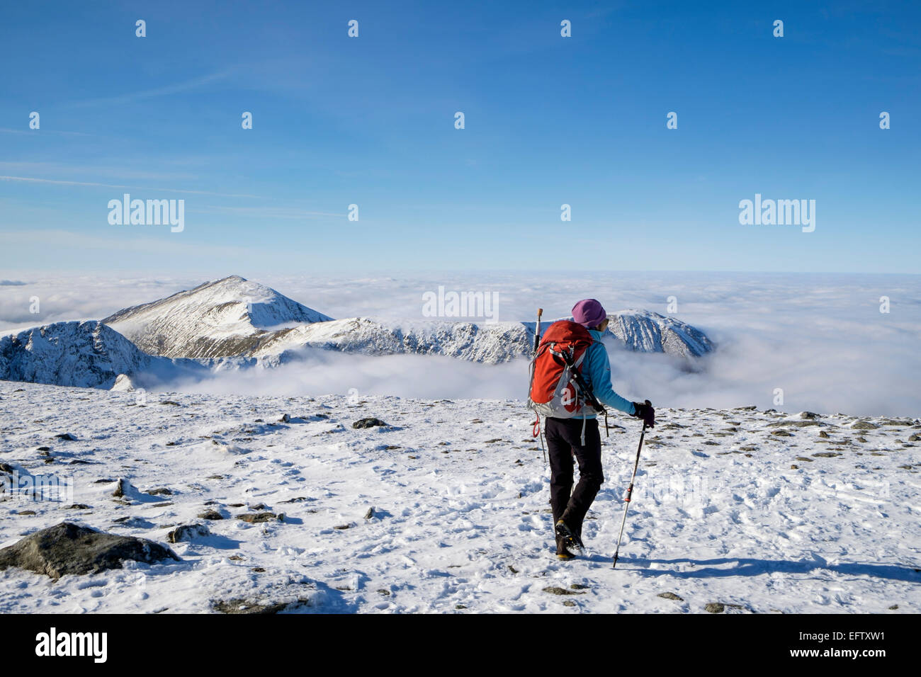 Les randonneur sur Pen An Wen Ole ridge avec Elidir Fawr, Mynydd Perfedd Filiast Carnedd et y au-dessus des sommets des nuages bas dans la neige de l'hiver. Pays de Galles Snowdonia UK Banque D'Images