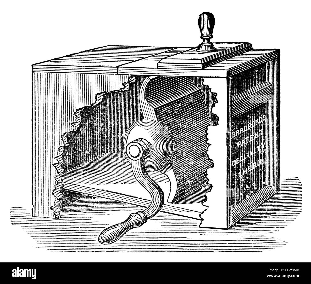 La gravure de l'époque victorienne d'une baratte. Image restaurée numériquement à partir d'un milieu du xixe siècle l'encyclopédie. Banque D'Images