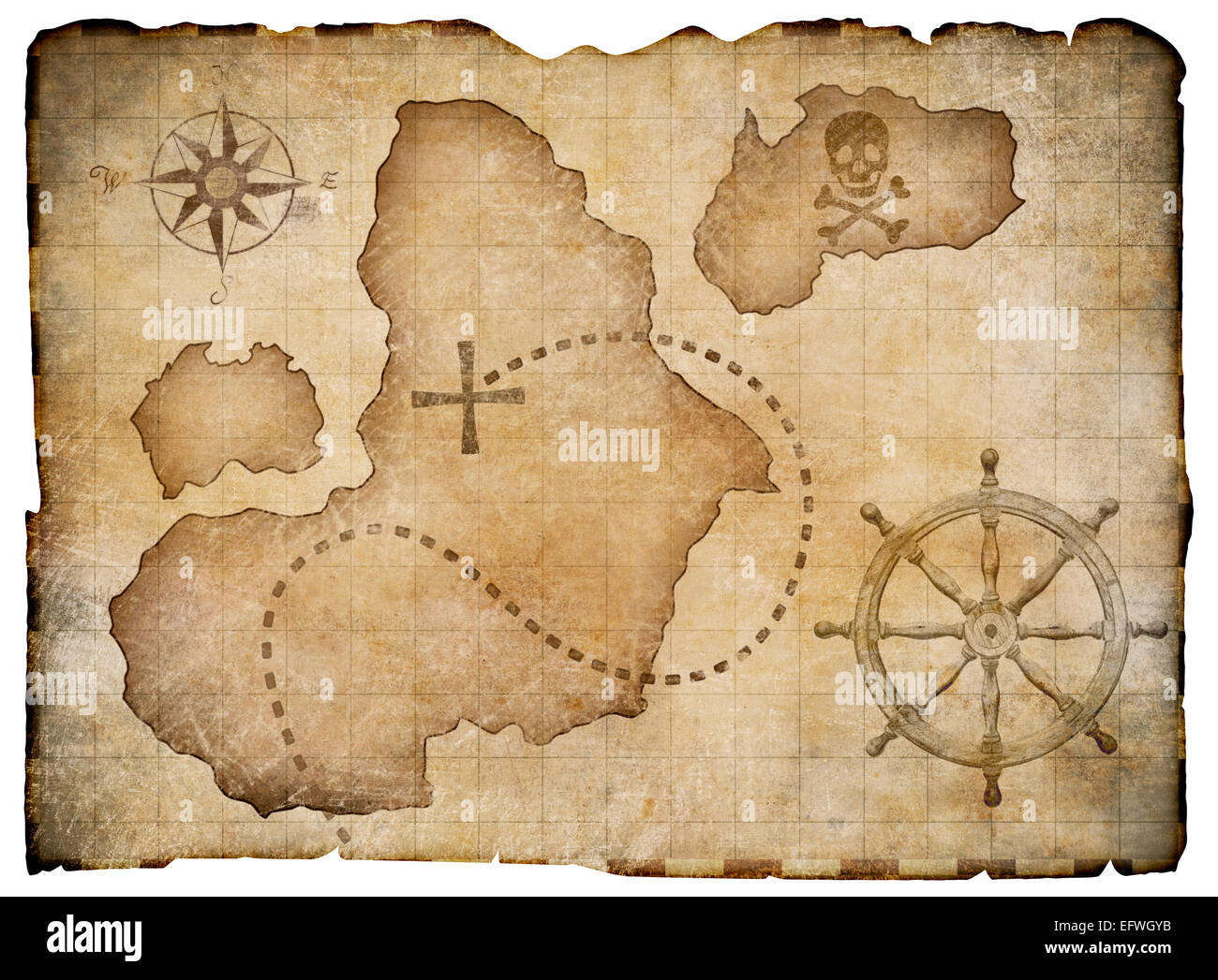 Vieux parchemin carte au trésor des pirates isolés. Chemin de détourage inclus. Banque D'Images