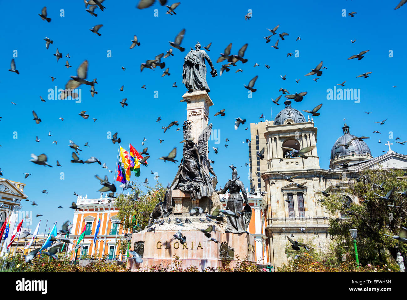 Les pigeons voler autour de la Plaza Murillo à La Paz, Bolivie Banque D'Images