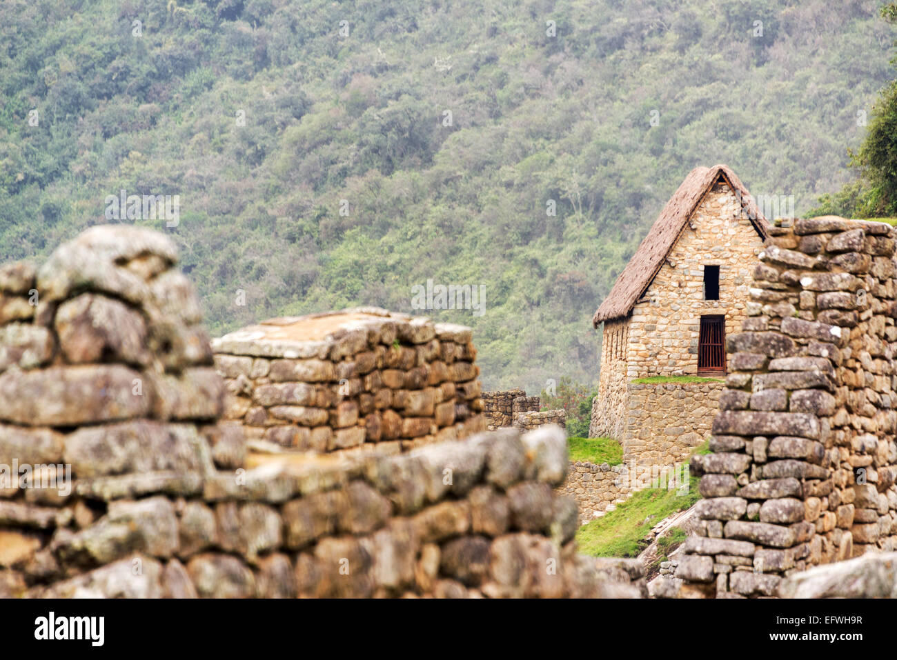 Vue d'un bâtiment avec un toit intact dans les ruines du Machu Picchu, Pérou Banque D'Images