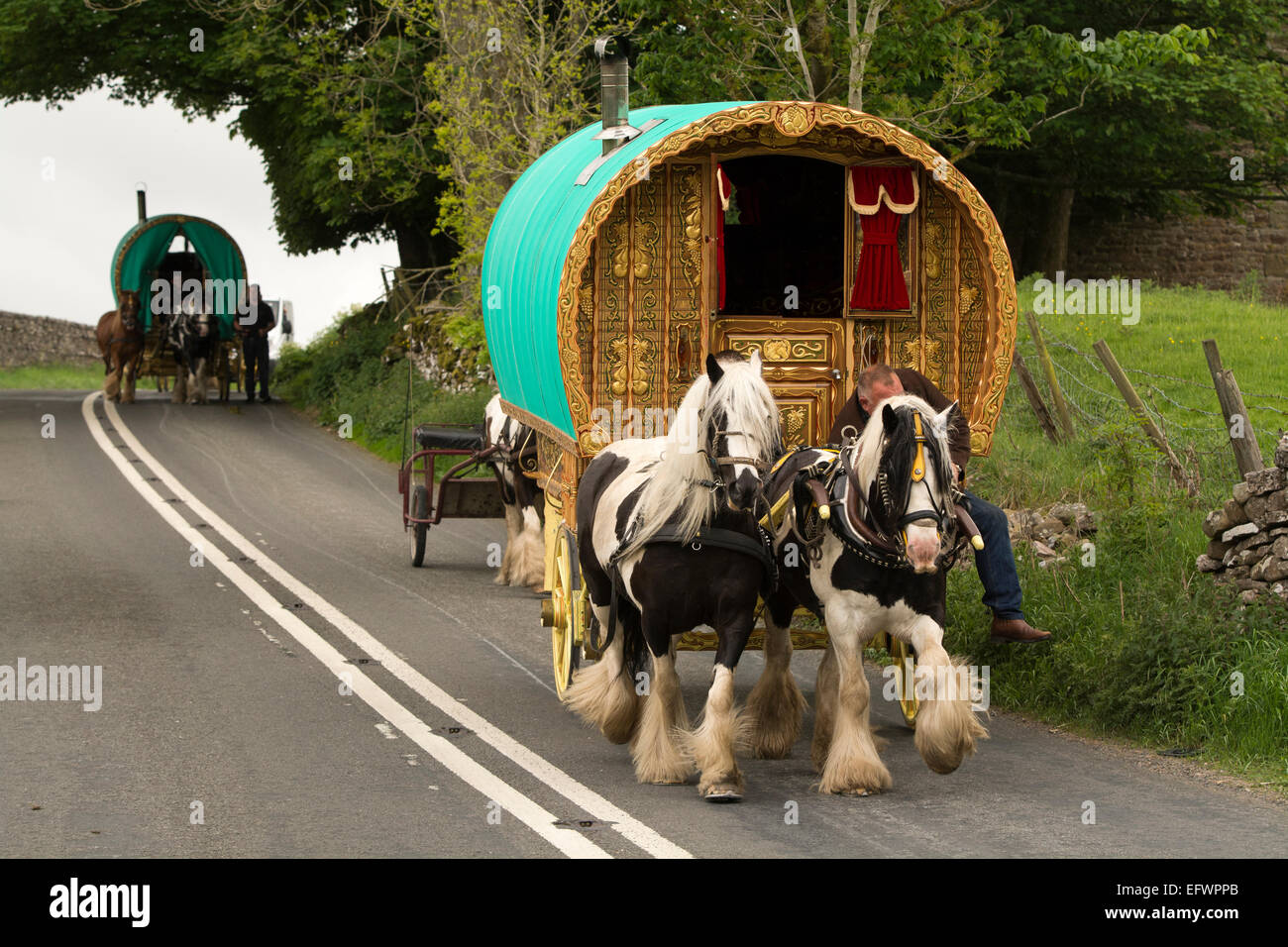Gypsy Caravan traditionnel tiré par des chevaux sur la route en direction de Appleby Horse Fair, Cumbria. Banque D'Images