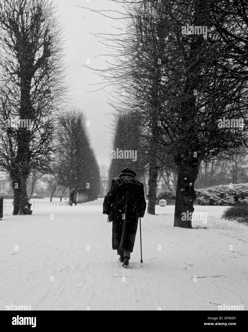 Femme âgée à pied de derrière dans la neige couverts city kings garden Copenhagen Danemark Banque D'Images