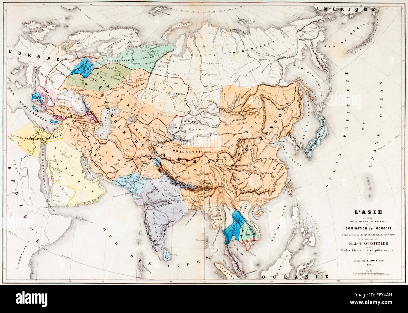 Carte de l'Asie à l'époque de la plus grande mesure de la domination des Mongols dans le règne de Kublai Khan. Né en 1215, il régna de 1260 jusqu'à sa mort en 1294. Banque D'Images