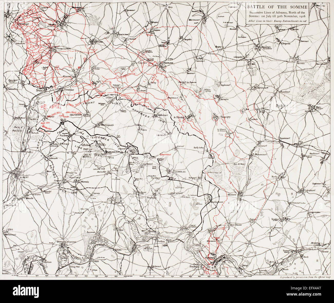 Carte de la bataille de la Somme, ou l'offensive de la somme pendant la Première Guerre mondiale. Lignes successives de l'avance britannique et française sont indiquées en noir, les lignes allemandes sont indiquées en rouge et s'appliquent à l'ensemble de la bataille, 1 juillet 1916 au 30 novembre 1916. Banque D'Images