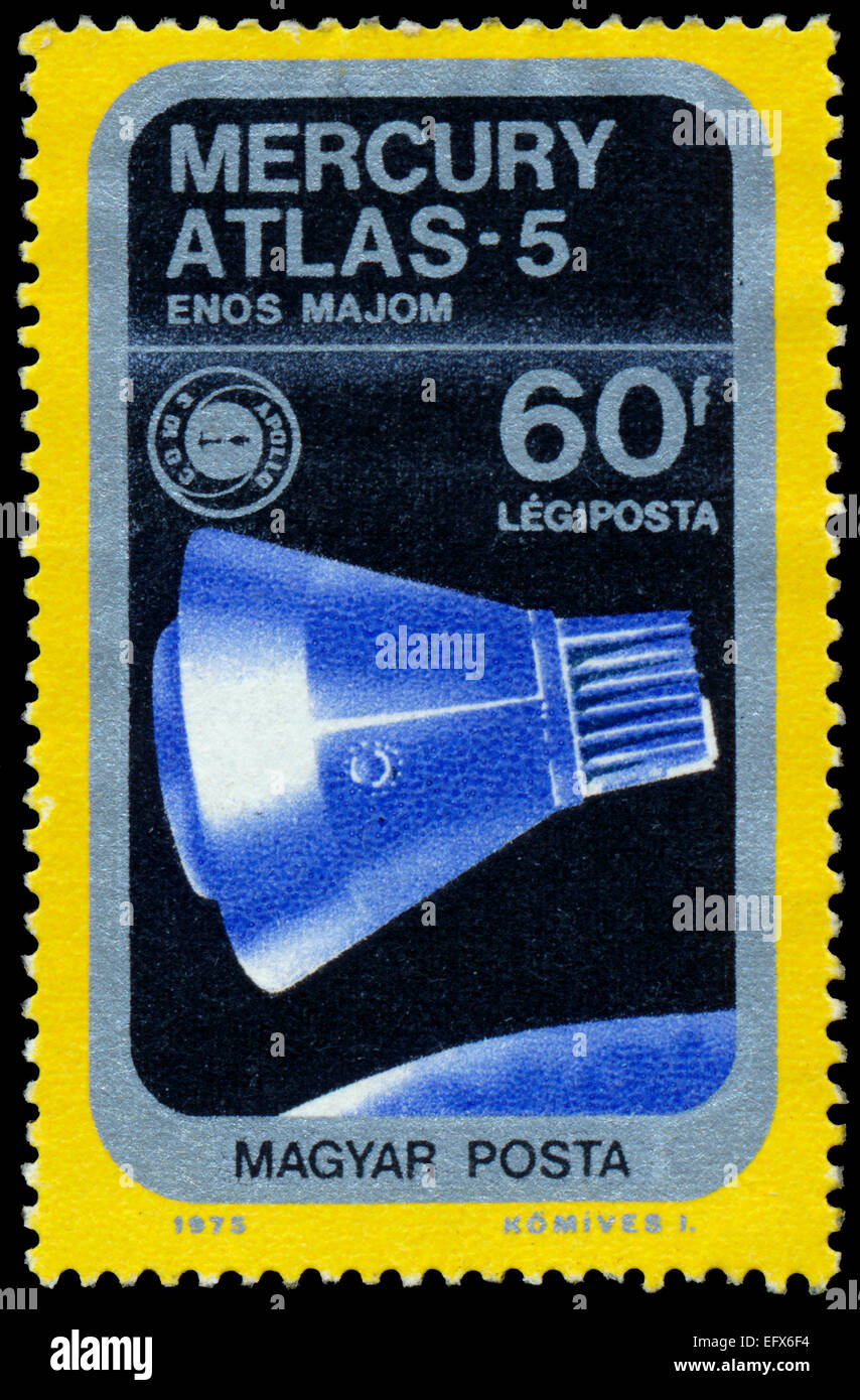 Hongrie - circa 1975 : : un timbre imprimé en Hongrie, le mercure présente un Atlas-5, lancé le vol le 29 novembre 19 Banque D'Images