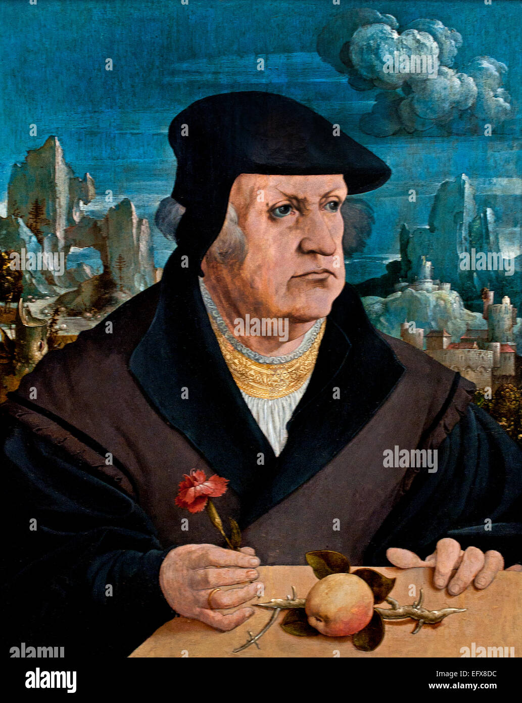 Portrait d'un homme devant un paysage tenant un Œillet 1525 Gerlach Flicke (1495-1558) Allemand Allemagne Banque D'Images