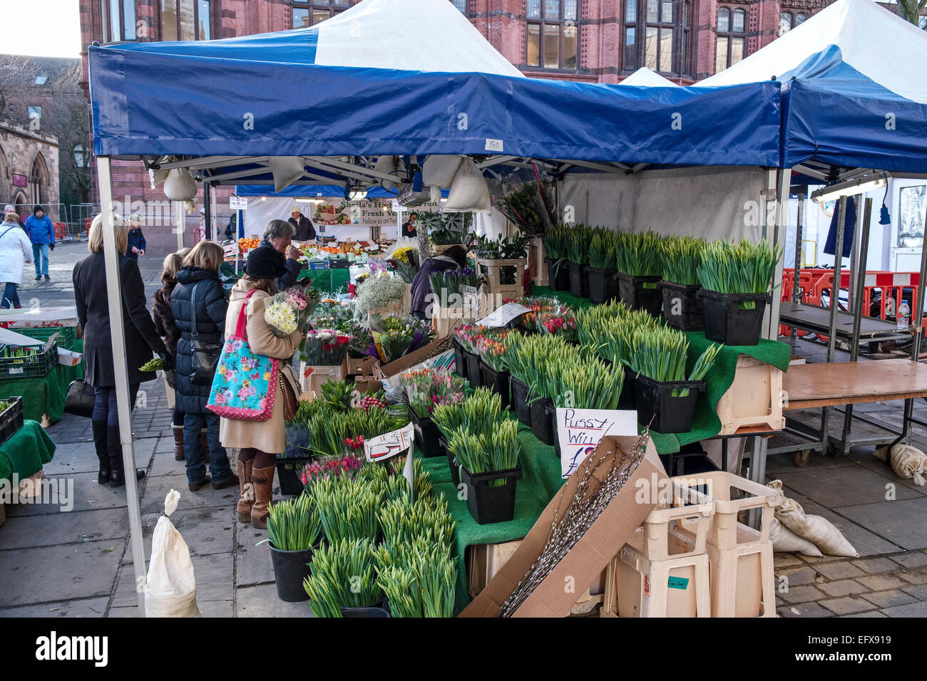Shopping - Shoppers acheter des fleurs sur un marché de fleurs fleuriste de décrochage dans le centre de York, au Royaume-Uni. Banque D'Images