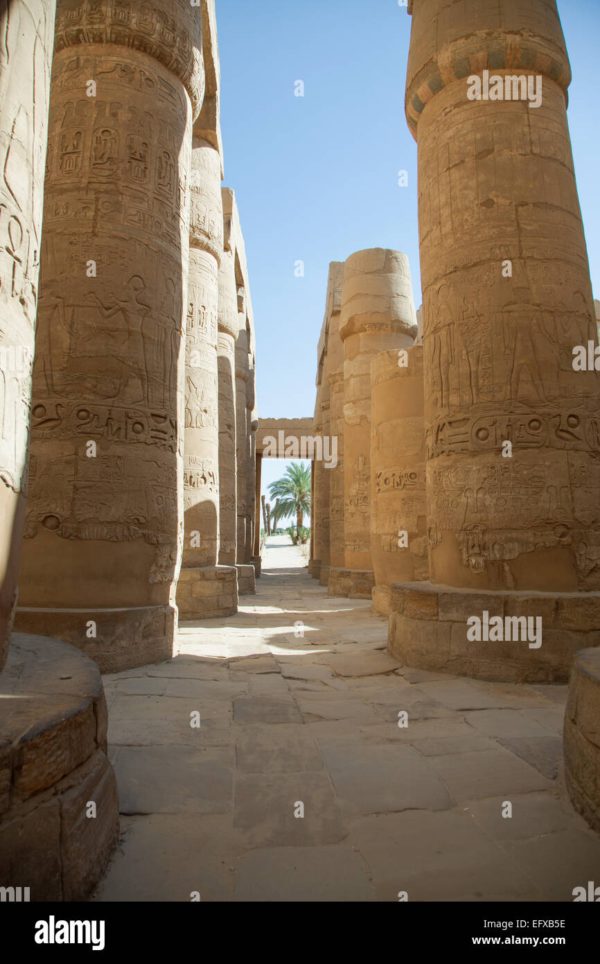 Colonnes dans le temple de Karnak, Egypte Banque D'Images