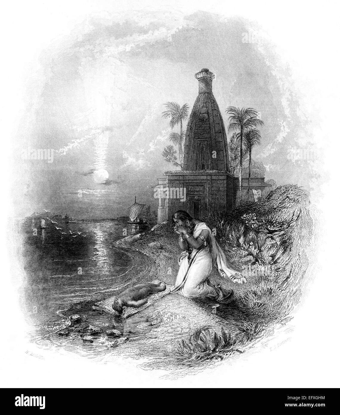Une gravure intitulée 'The Hindoo Mother' numérisée en haute résolution à partir d'un livre imprimé en 1845. Je pensais libre de droits d'auteur. Banque D'Images