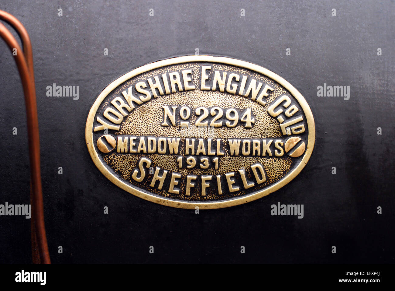 Plaque du fabricant Yorkshire Engine Company de Sheffield sur une locomotive à vapeur à voie étroite, Romney Hythe & Dymchurch Railway, Kent, Royaume-Uni Banque D'Images
