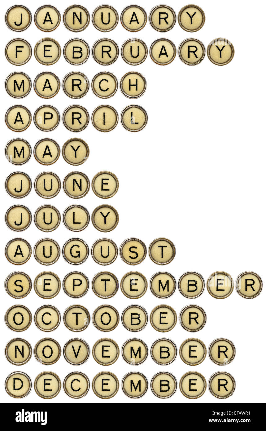Douze mois de janvier à décembre dans des touches de machine à écrire vintage Banque D'Images