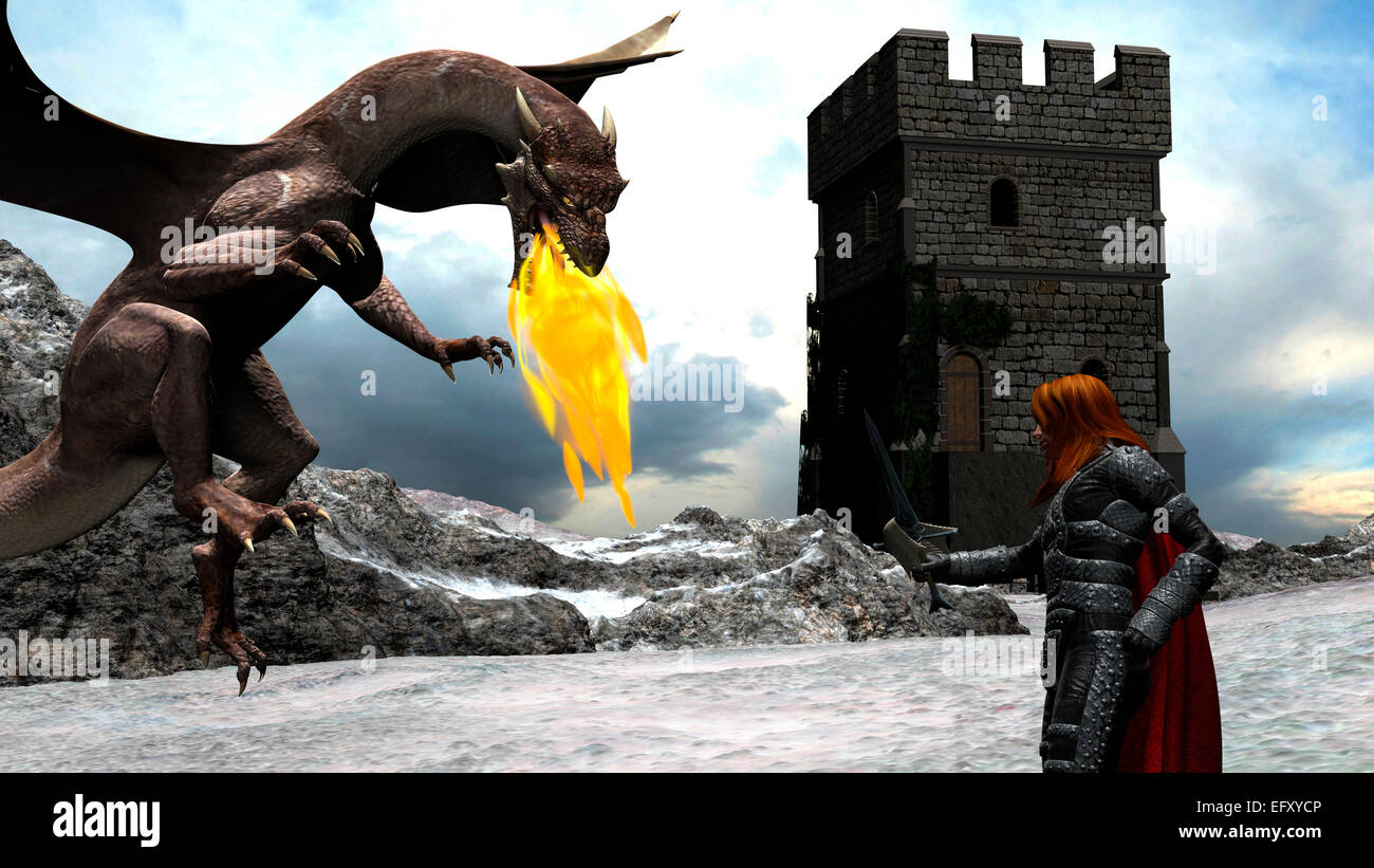 Scène d'hiver d'un chevalier courageux combat avec un dragon en face d'un château Banque D'Images