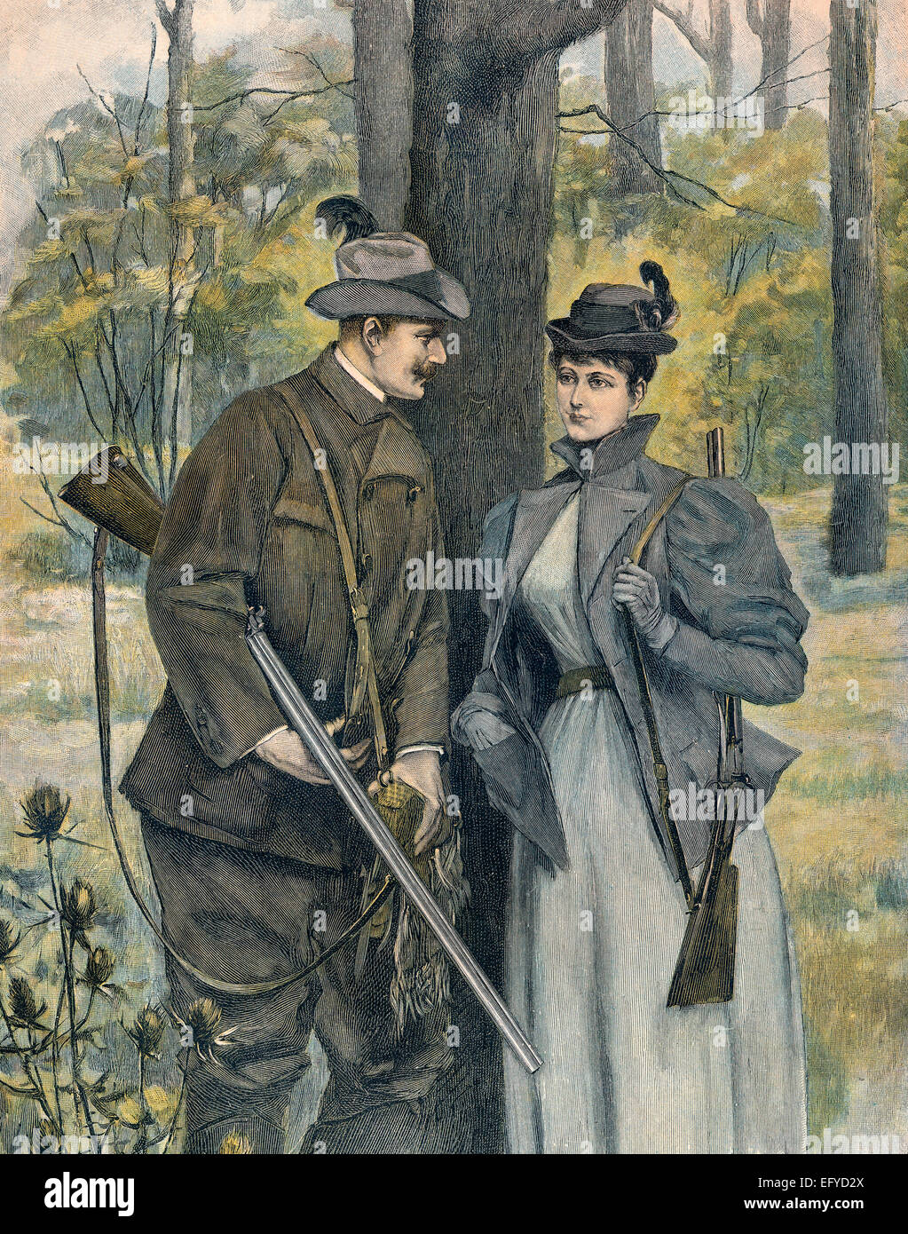 Un homme et une femme en tant que chasseurs avec armes à feu, Banque D'Images