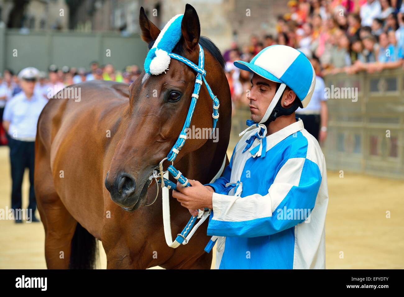 Cheval et jockey de la Contrada de l'onde, Contrada Capitana dell'Onda, avant une course d'entraînement de la Palio di Siena Banque D'Images