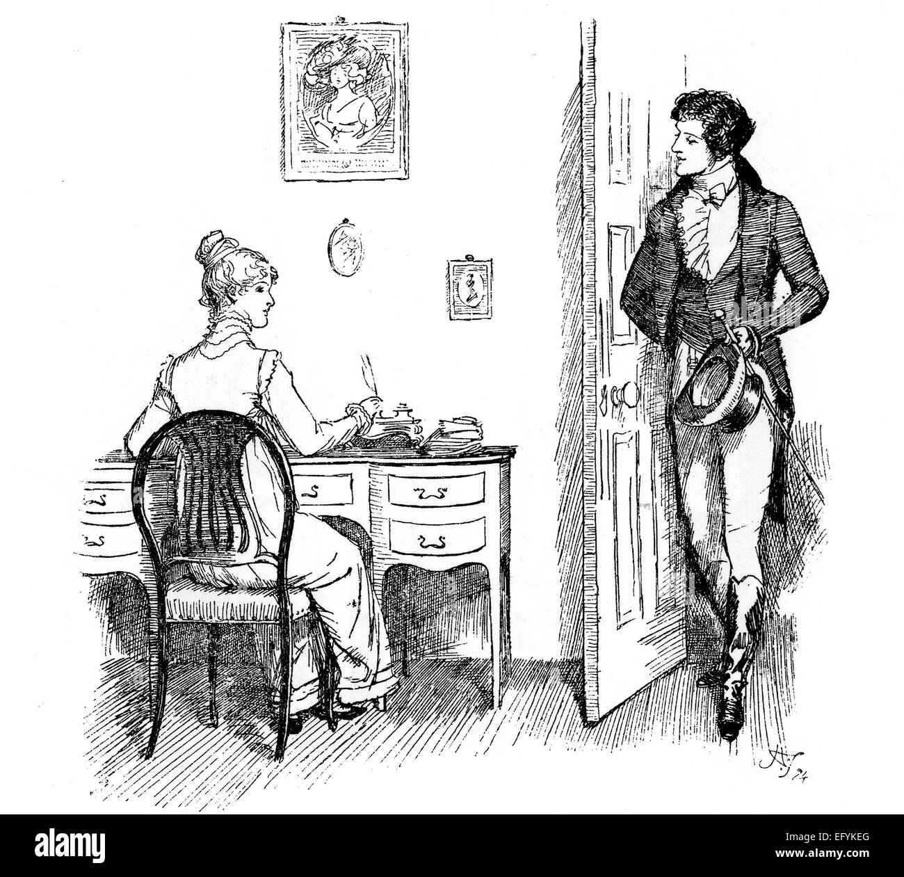 Orgueil et préjugés Illustration par Hugh Thomson pour le chapitre 32 du roman de Jane Austen dans une édition 1894. Mr Darcy trouve Elizabeth Bennett par elle-même comme il rend visite à Hunsford Parsonage Banque D'Images