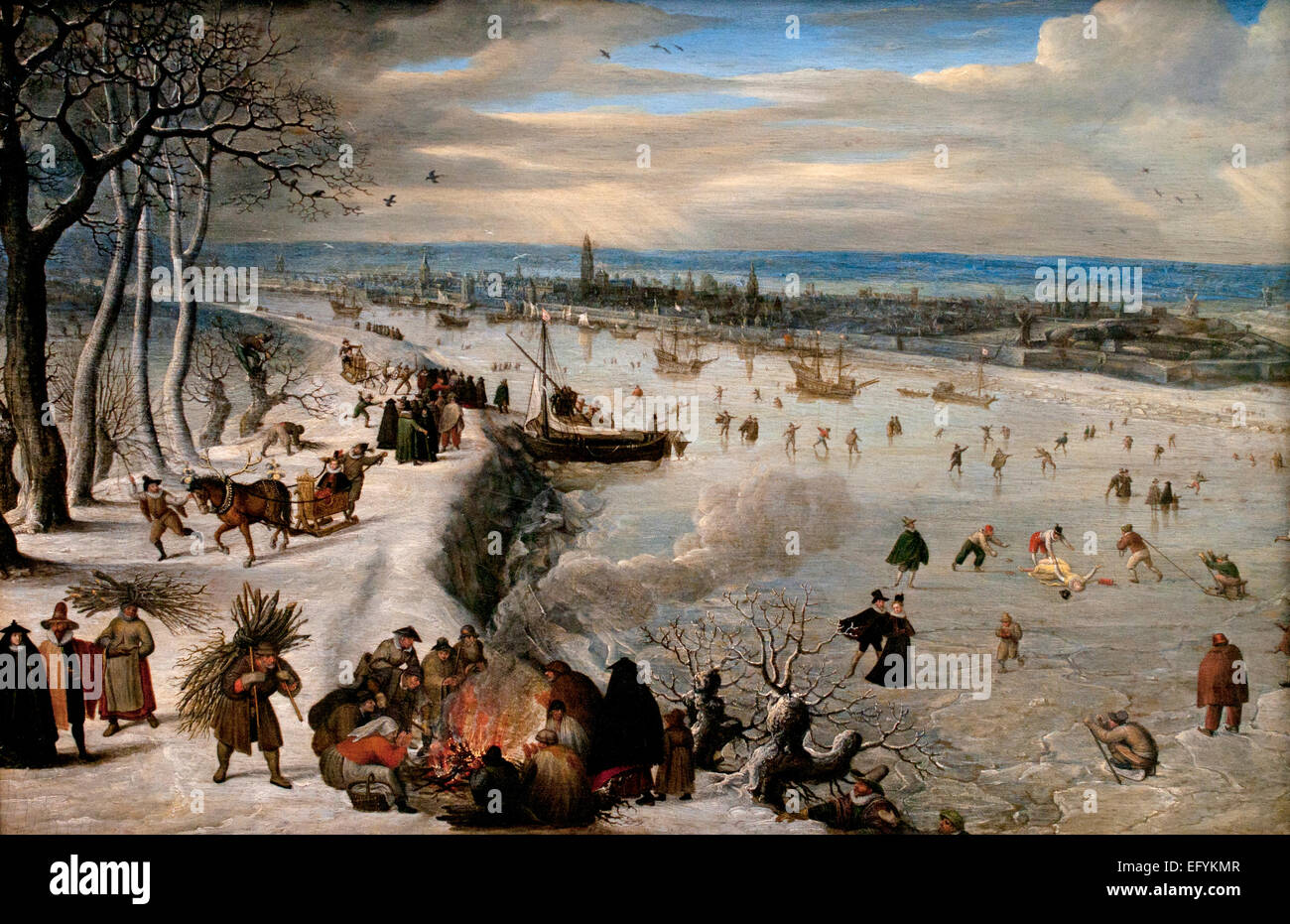 Paysage d'hiver avec des chutes de neige près d'ANVERS, 1575 Lucas van Valkenborch - Valkenborgh1535 - 1597 peintre flamand de Belgique belge surtout des paysages Banque D'Images