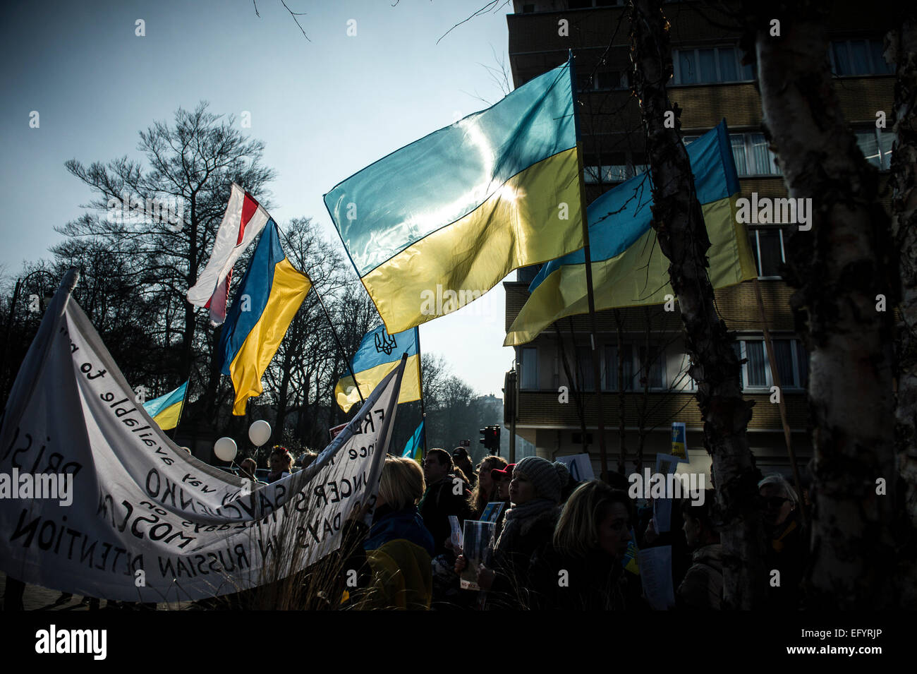 Bruxelles, Belgique. 12 Février, 2015. Les membres de la communauté ukrainienne prostest en face du siège de l'UE à Bruxelles, Belgique Le 12.02.2015 de manifestants ont exigé sa libération immédiate Nadia Savchenko de sa prison russe. Dpa : Crédit photo alliance/Alamy Live News Banque D'Images