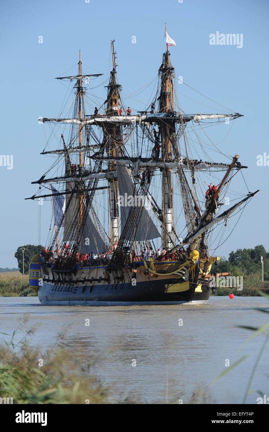 La frégate Hermione Lafayette durant son premier voyage de l'océan (2014/0/07) Banque D'Images