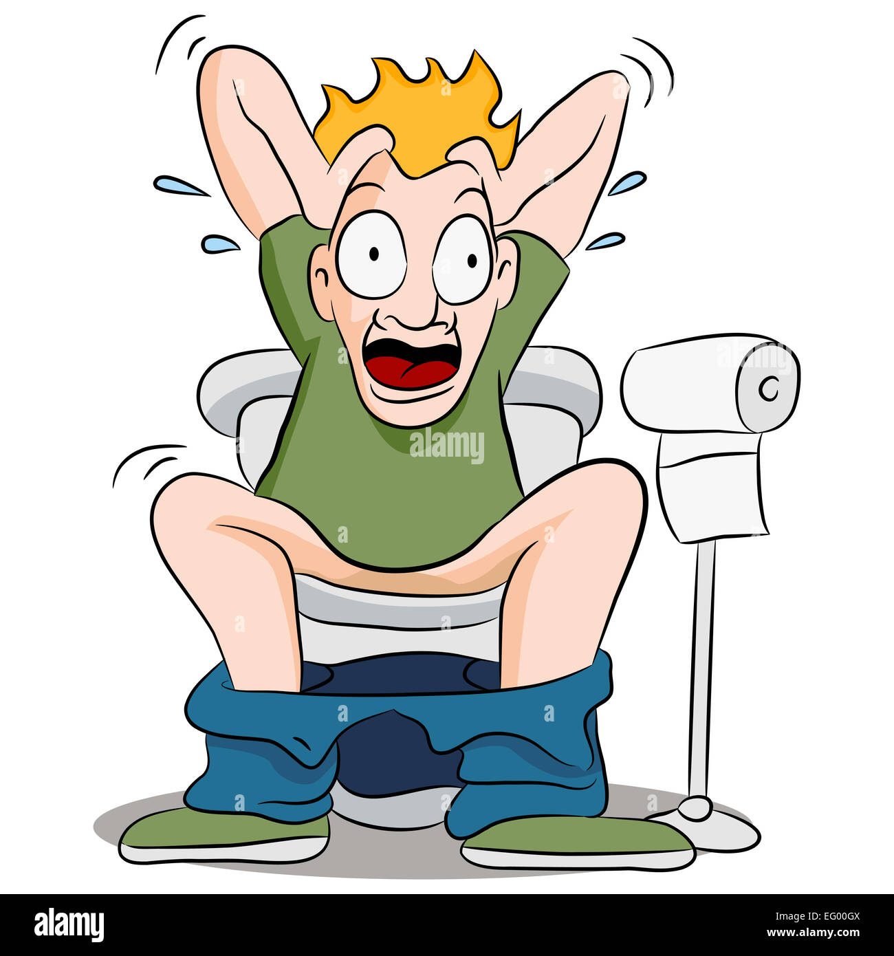 Une image d'un homme sur une constipée de toilettes. Banque D'Images