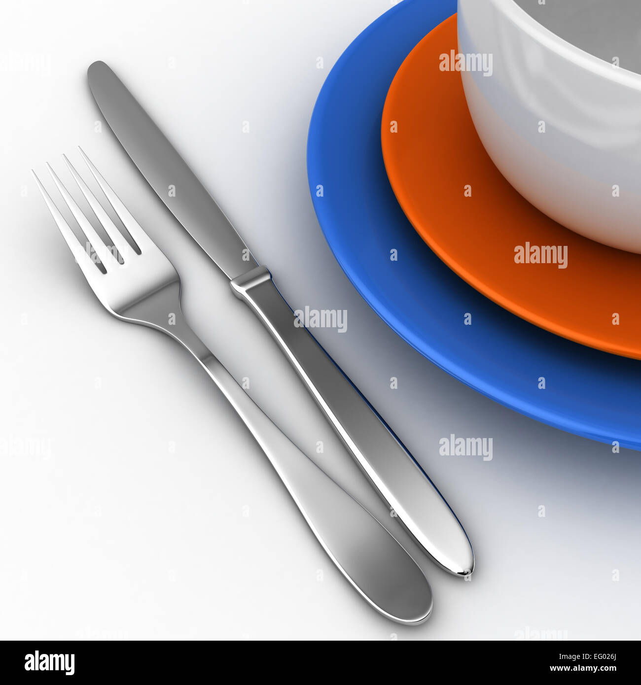 Le rendu 3D de couteaux, fourchettes et assiettes blanches plus bckground Banque D'Images