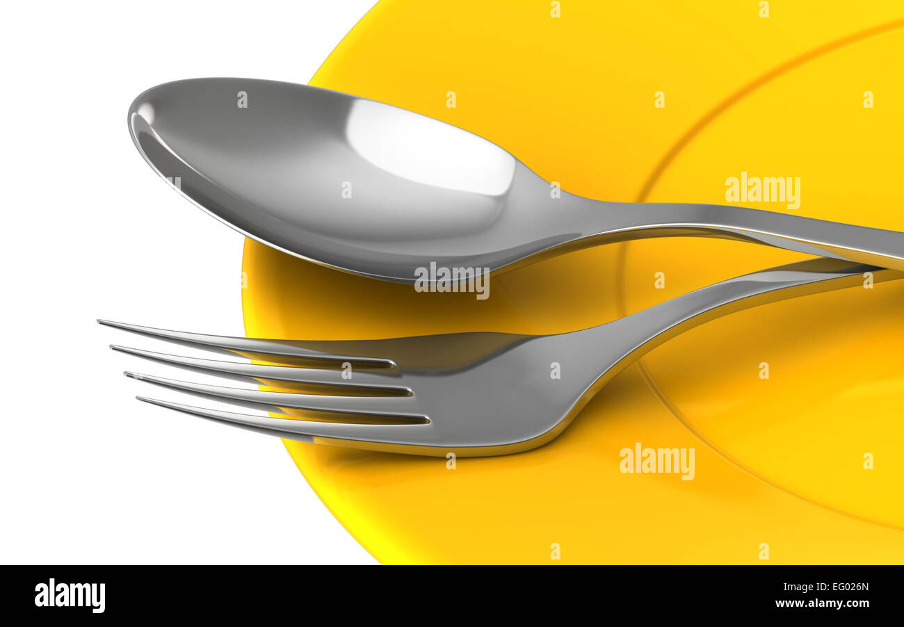 Le rendu 3D de fourchette et couteau en plaque jaune fond onwhite isolés Banque D'Images